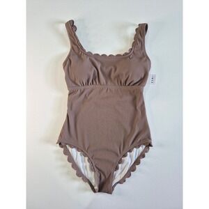Charmo  Ribbed Scalloped One Piece Swimsuit Mauve Brown Cutout Back Size Small